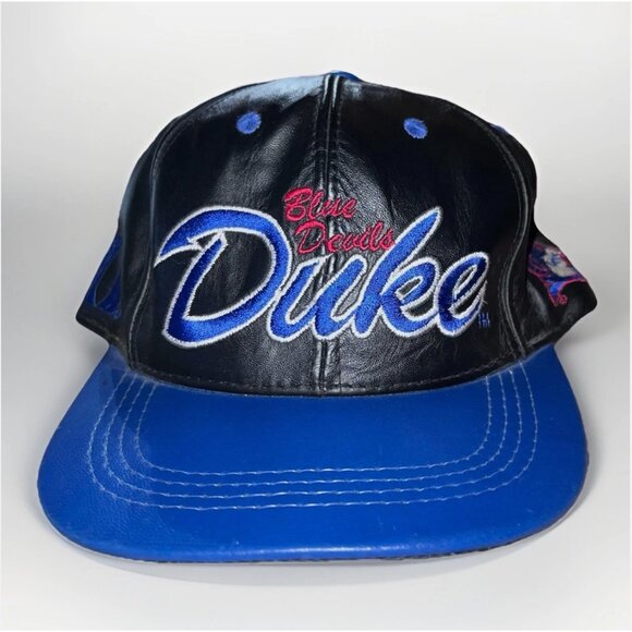 VTG Duke University Blue Devils Script Leather Hat Modern Made In USA Snapback - Picture 1 of 6